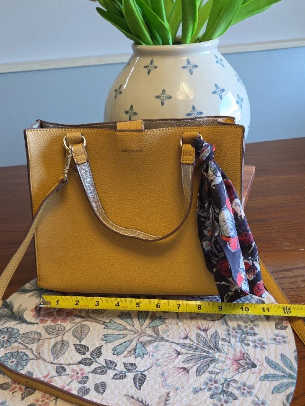 Anne Klein Mustard Yellow Pebbled Satchel with Scarf Accent